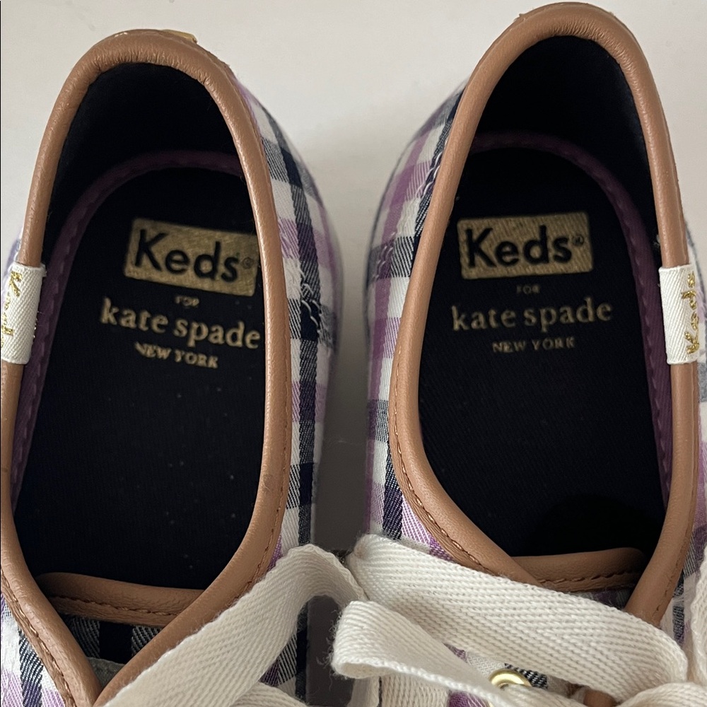 Keds Kate Spade Purple Black Plaid Gingham Print Tie Sneakers Platform Preppy 8 - Picture 9 of 15